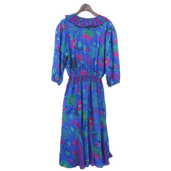 80s~ サイズ 14 PLAZASOUTH フリルカラー フラワープリント ドレス レトロ ワンピース ブルー系 花柄 プラザサウス 古着 ビンテージ 5O3102_画像2