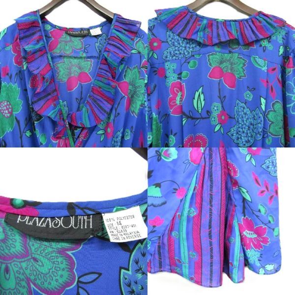 80s~ サイズ 14 PLAZASOUTH フリルカラー フラワープリント ドレス レトロ ワンピース ブルー系 花柄 プラザサウス 古着 ビンテージ 5O3102_画像3