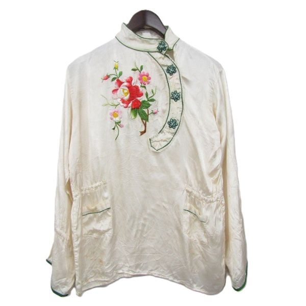 50s 60s~ サイズ ？ vintage チャイナ ブラウス シャツ プルオーバー 長袖 ホワイト 刺繍 花柄 レディース 古着 ビンテージ 5O3103_画像1