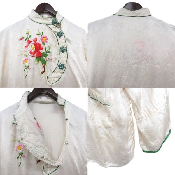 50s 60s~ サイズ ？ vintage チャイナ ブラウス シャツ プルオーバー 長袖 ホワイト 刺繍 花柄 レディース 古着 ビンテージ 5O3103_画像3