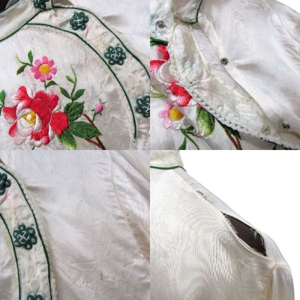 50s 60s~ サイズ ？ vintage チャイナ ブラウス シャツ プルオーバー 長袖 ホワイト 刺繍 花柄 レディース 古着 ビンテージ 5O3103_画像4