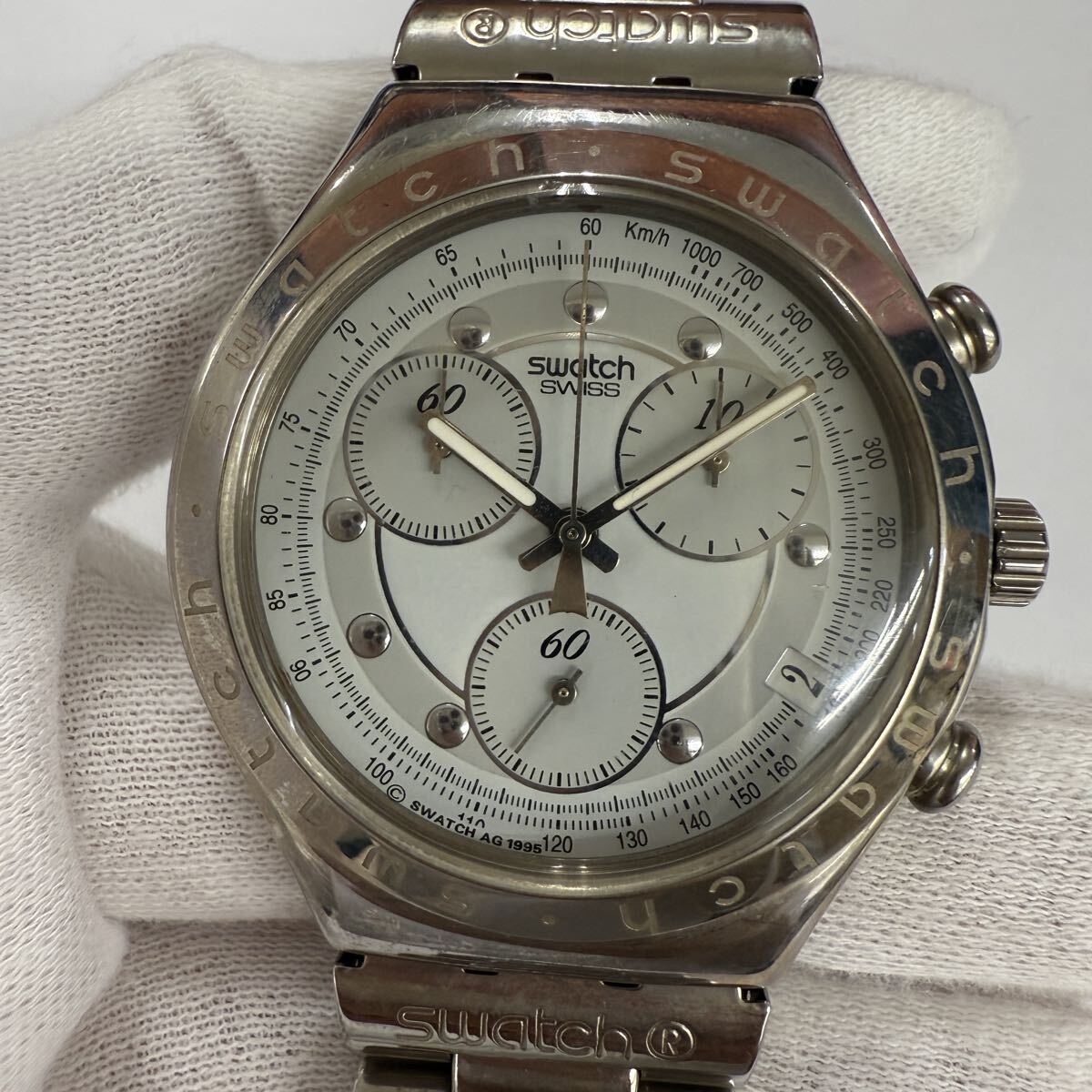 ▽1円〜 SWATCH IRONY スウォッチ アイロニー クォーツ デイト クロノグラフ 腕時計 現状不動品 KB2303_画像1