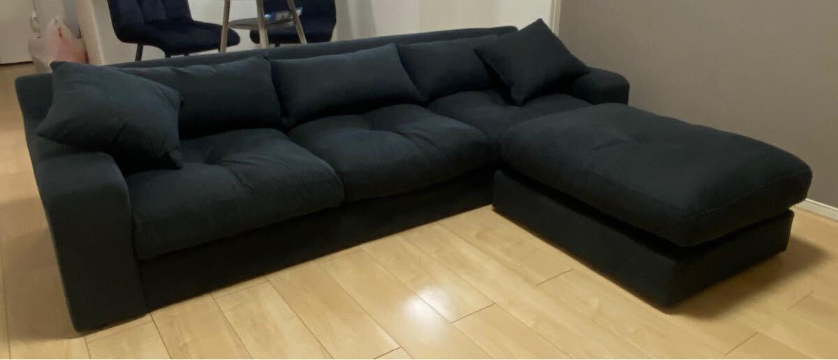 1円スタート 新品 スツール付ソファBK ファブリック カウチソファ ロータイプ3人掛けセット北欧モダン3Pおしゃれ家具 ソファー_画像3