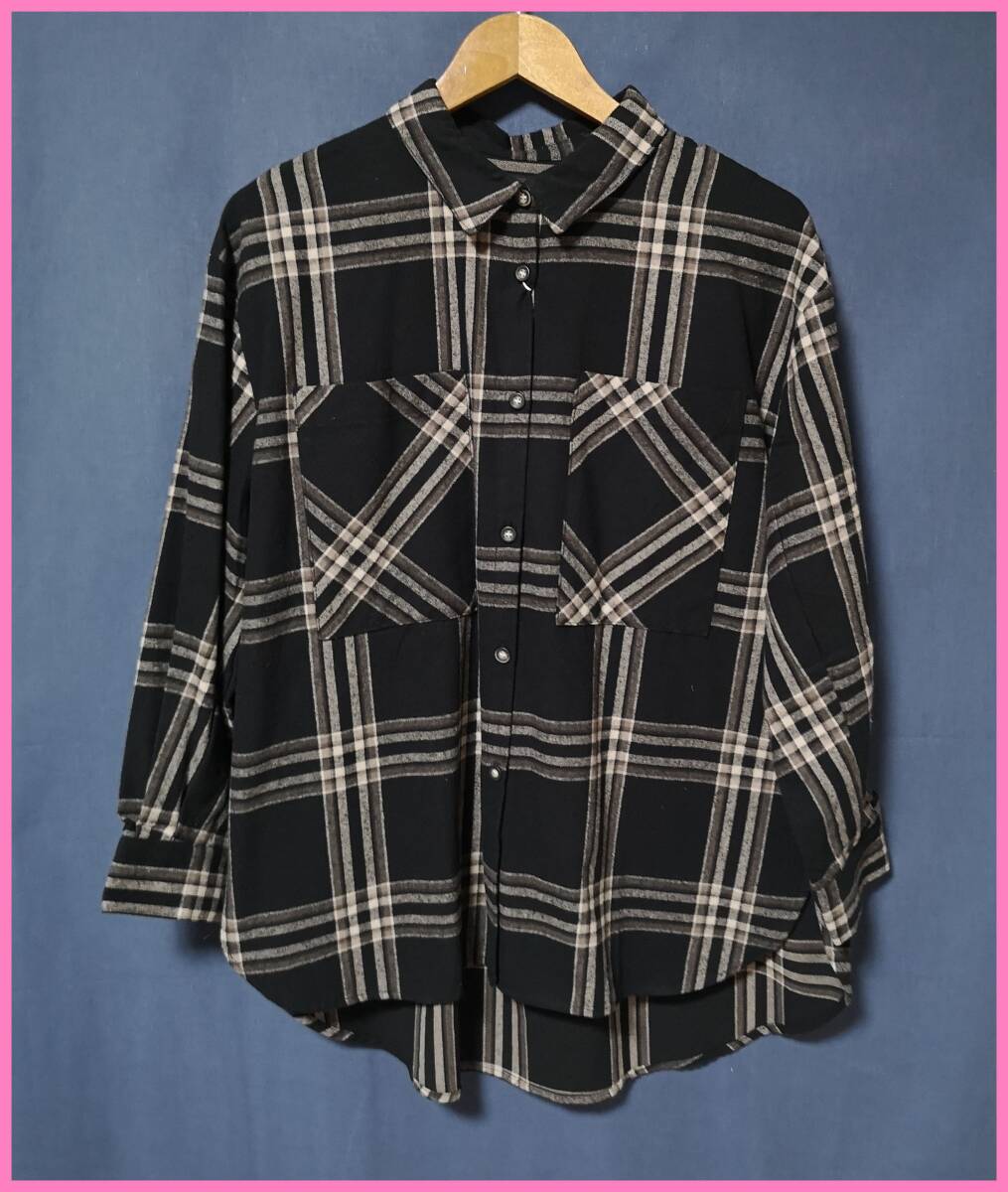 ＢＬＷ‐２６７☆秋冬☆新品☆送料込み☆即決☆ナチュラル系☆少し厚手の綿ネル素材☆M～Ｌサイズ☆ブラウス☆黒×グレー系☆チェック柄_画像1