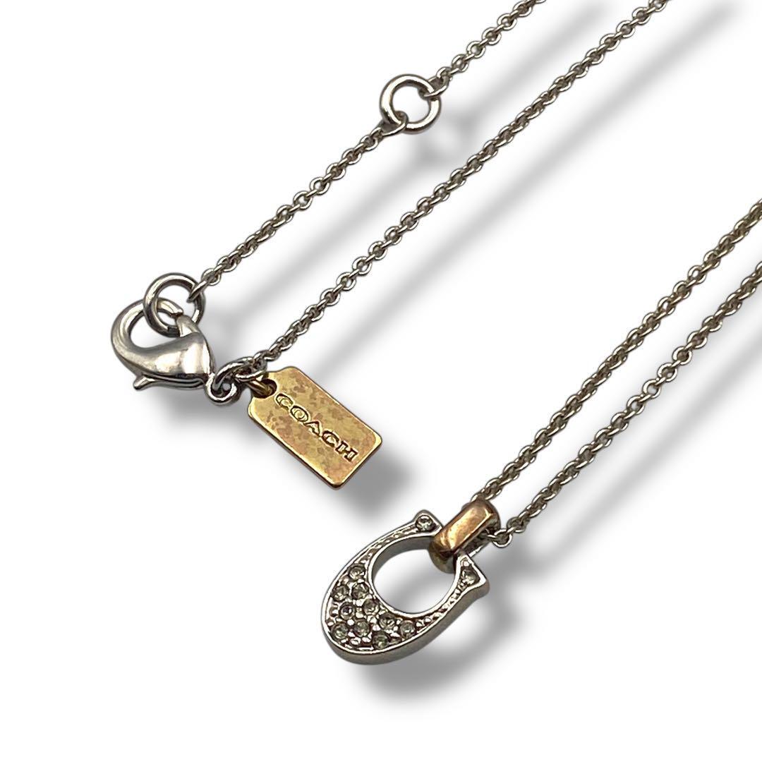 美品 COACH コーチ ネックレス ロゴ ペンダント ラインストーン 馬蹄 銀_画像1