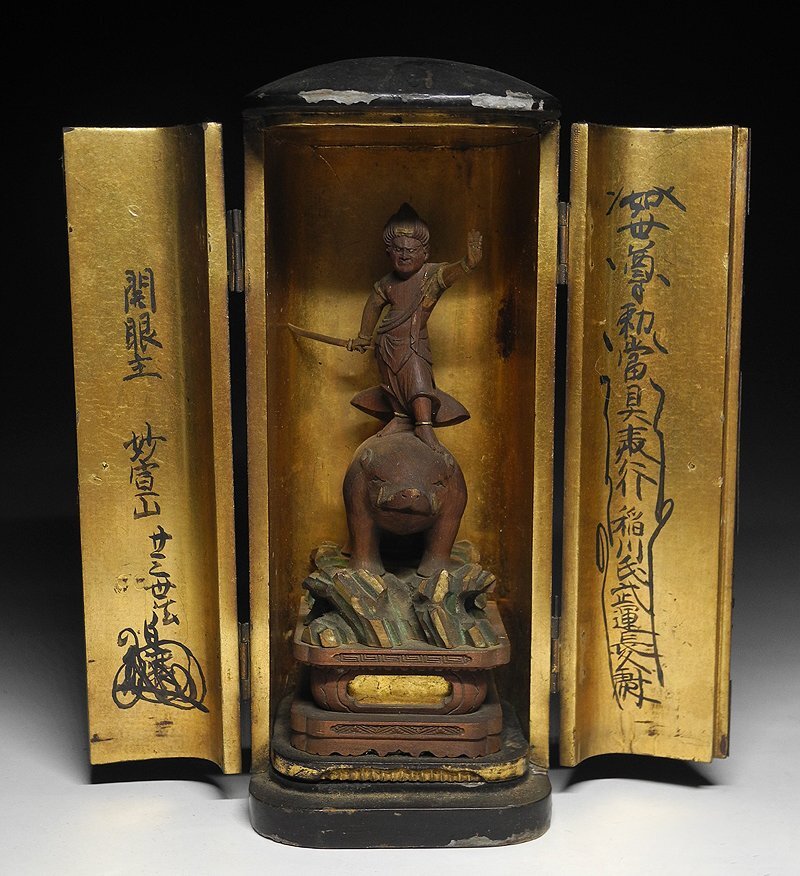 緑屋i■ 仏教美術 木彫 金彩色 摩利支天像 仏像 厨子付 時代物 i9/1028-7/30-5#60_画像2