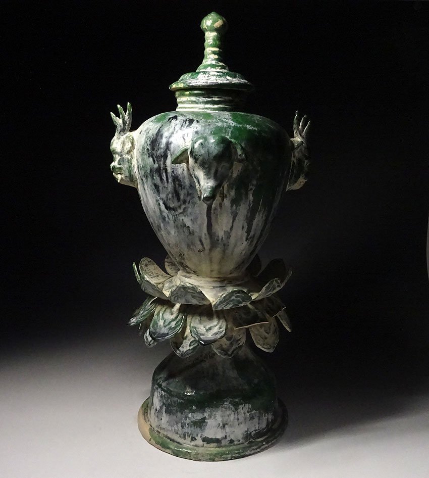 緑屋z■ 中国古玩 漢 緑釉 蓋付 壷 高約41cm 木箱 唐物 時代物 i9/7-7478/14-3#120_画像2