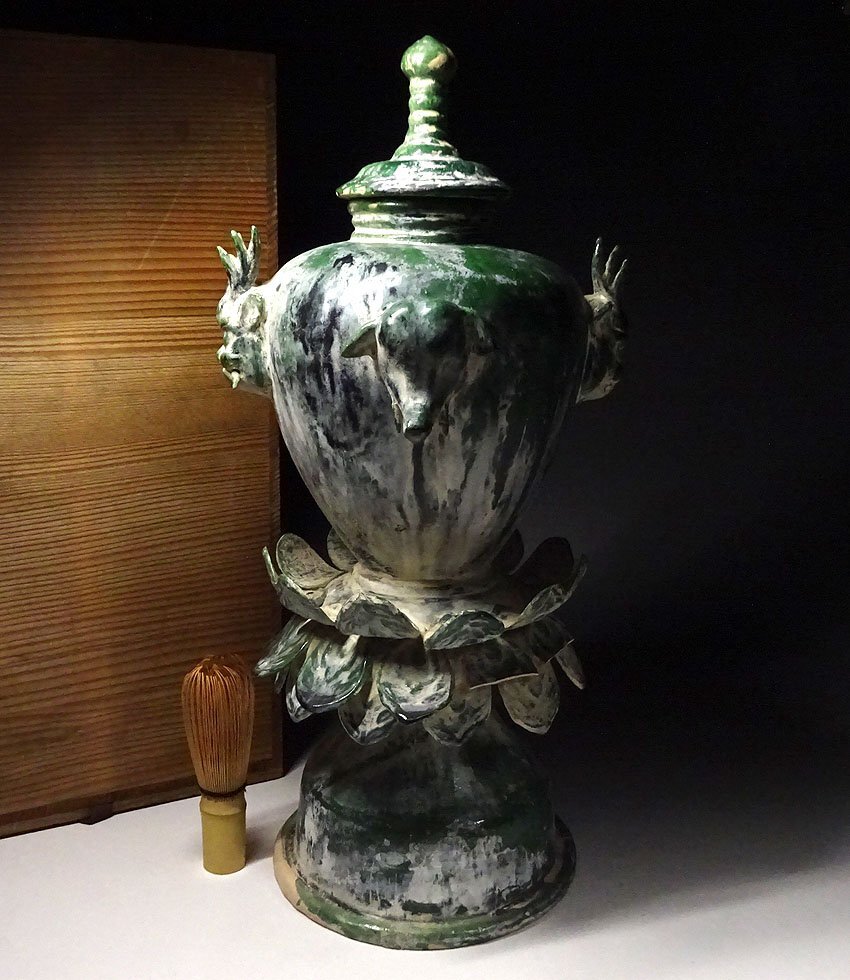 緑屋z■ 中国古玩 漢 緑釉 蓋付 壷 高約41cm 木箱 唐物 時代物 i9/7-7478/14-3#120_画像1