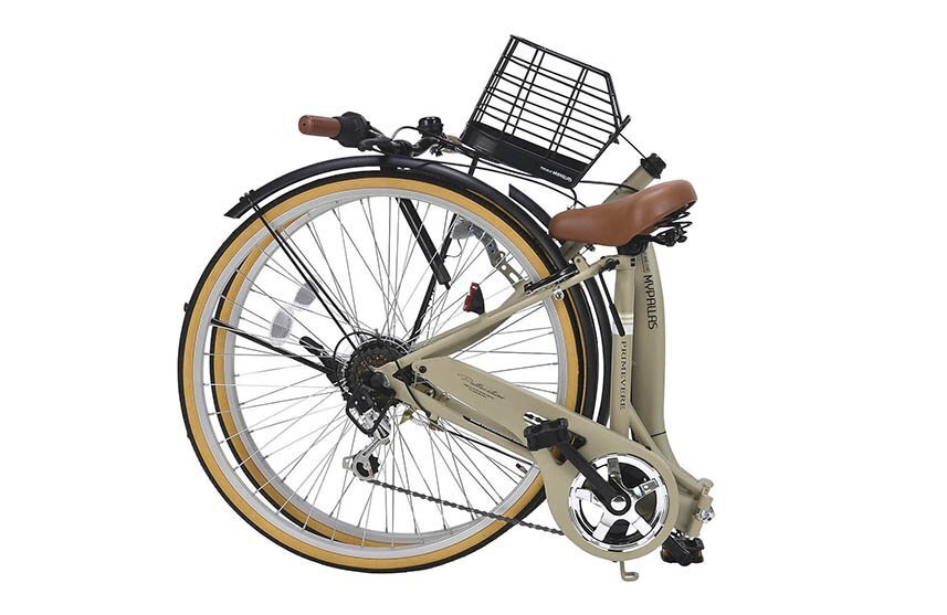 送料無料 折り畳み自転車 26インチ シマノ制6段変速ギア バスケット 自動點燈LEDオートライト リング錠 PL保険加入済 サンドベージュ 新品