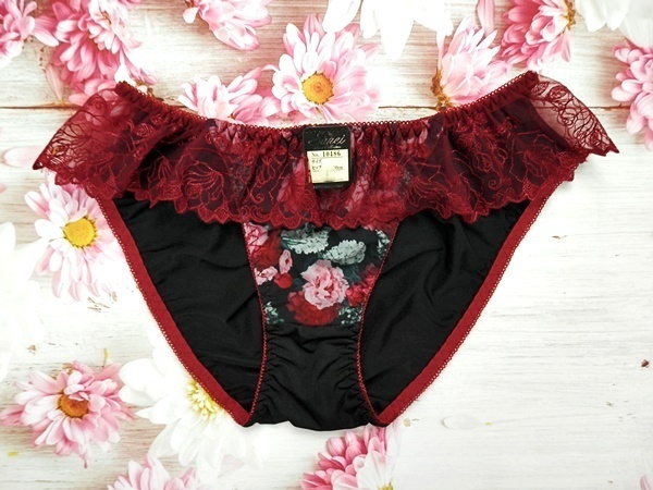 Za7508◆新品 ブラショーツセット 【A75/M】下着 ランジェリー 脇高 谷間メイク 美胸 クラシカルフラワー 黒×ワイン_画像4