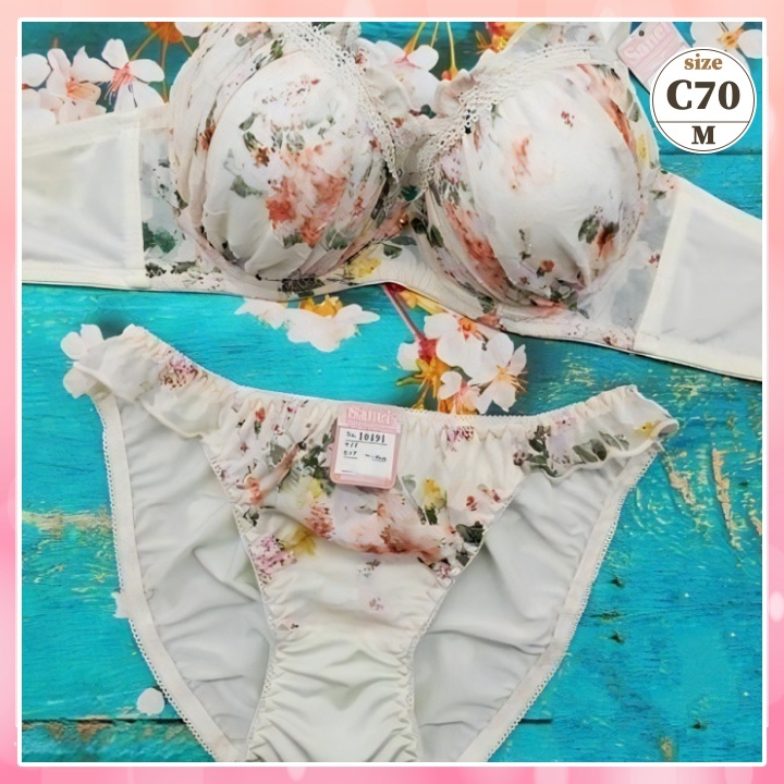 Zc7019◆新品 ブラショーツセット 【C70/M】下着 ランジェリー 脇高 美胸 美谷間 フラワーブーケ クリーム_画像1