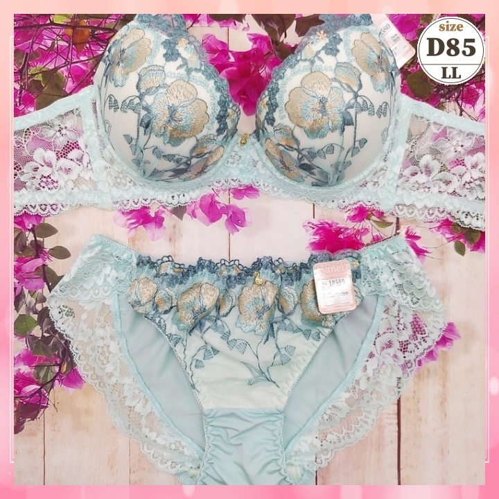 Zd8520◆新品 ブラショーツセット【D85/LL】下着 ランジェリー 脇高 谷間メイク 美胸 フローラル刺繍 緑系_画像1