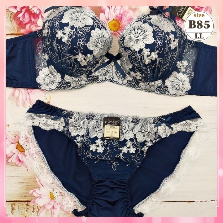 Zb8516◆新品 ブラショーツセット【B85/LL】下着 ランジェリー 脇高 谷間メイク 美胸 梅の花 紺_画像1