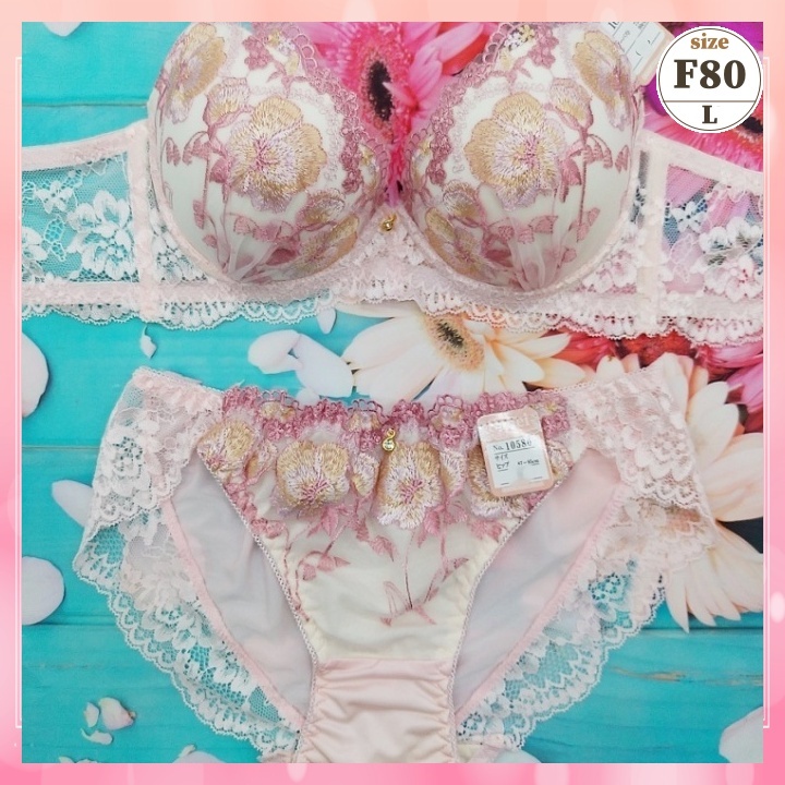 Zf8001◆新品 ブラショーツセット【F80/L】下着 ランジェリー 脇高 谷間メイク 美胸 フローラル刺繍 ピンク_画像1