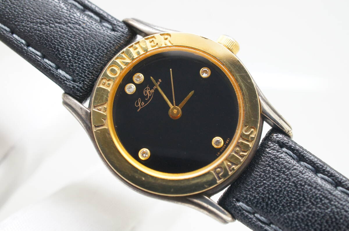 J184●作動良好 未使用ベルト 美品 LA BONHER ラ・ボナール 18Kベゼル SILVER925 LB-0004 レディース腕時計 黒ベルト クォーツ_画像1