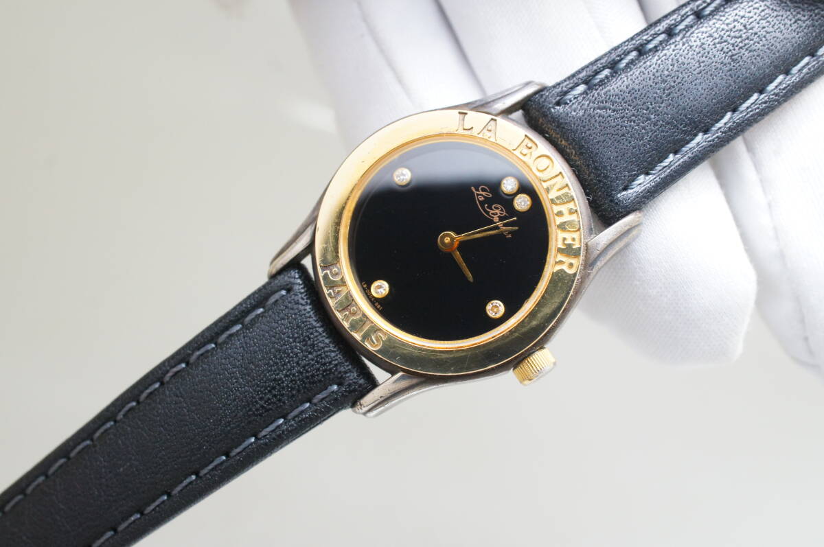 J184●作動良好 未使用ベルト 美品 LA BONHER ラ・ボナール 18Kベゼル SILVER925 LB-0004 レディース腕時計 黒ベルト クォーツ_画像2
