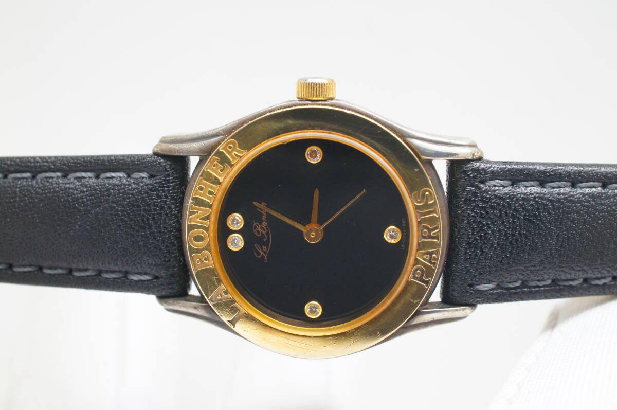 J184●作動良好 未使用ベルト 美品 LA BONHER ラ・ボナール 18Kベゼル SILVER925 LB-0004 レディース腕時計 黒ベルト クォーツ_画像3