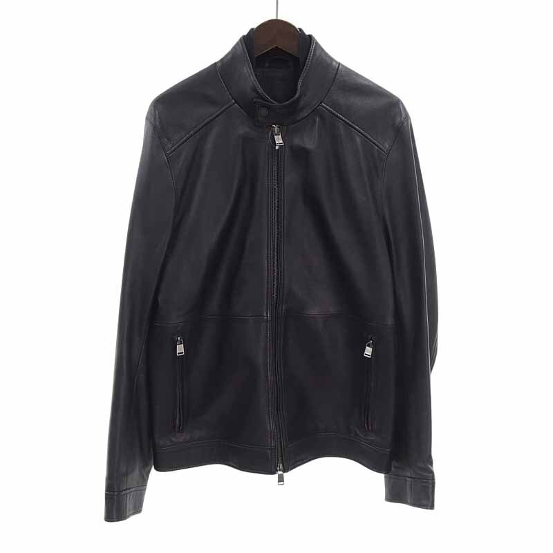 HUGO BOSS シングル 羊革 レザー ライダース ジャケット ネイビー サイズ メンズ48_画像1