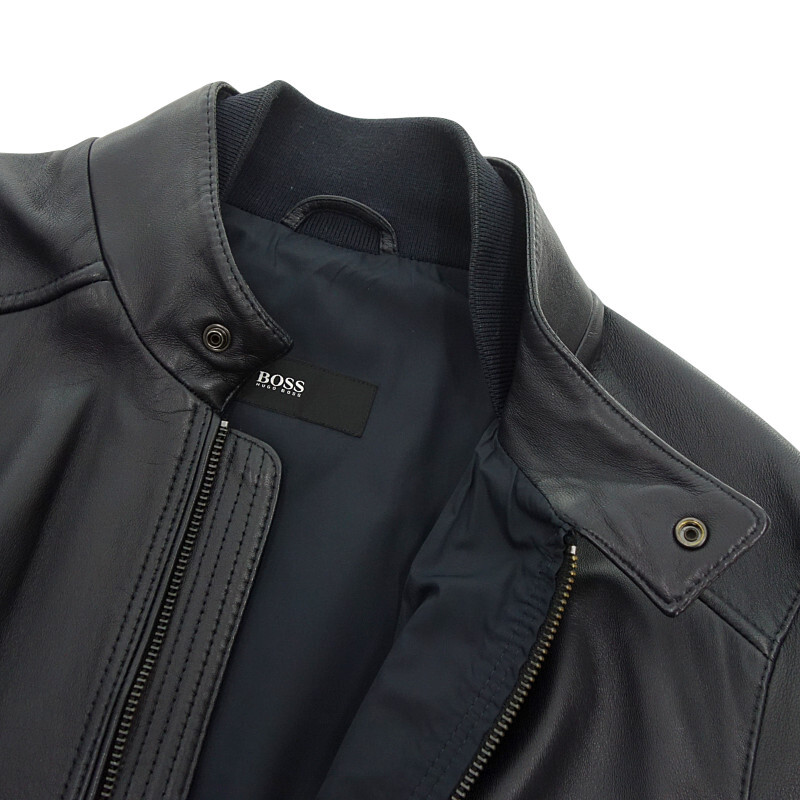 HUGO BOSS シングル 羊革 レザー ライダース ジャケット ネイビー サイズ メンズ48_画像6