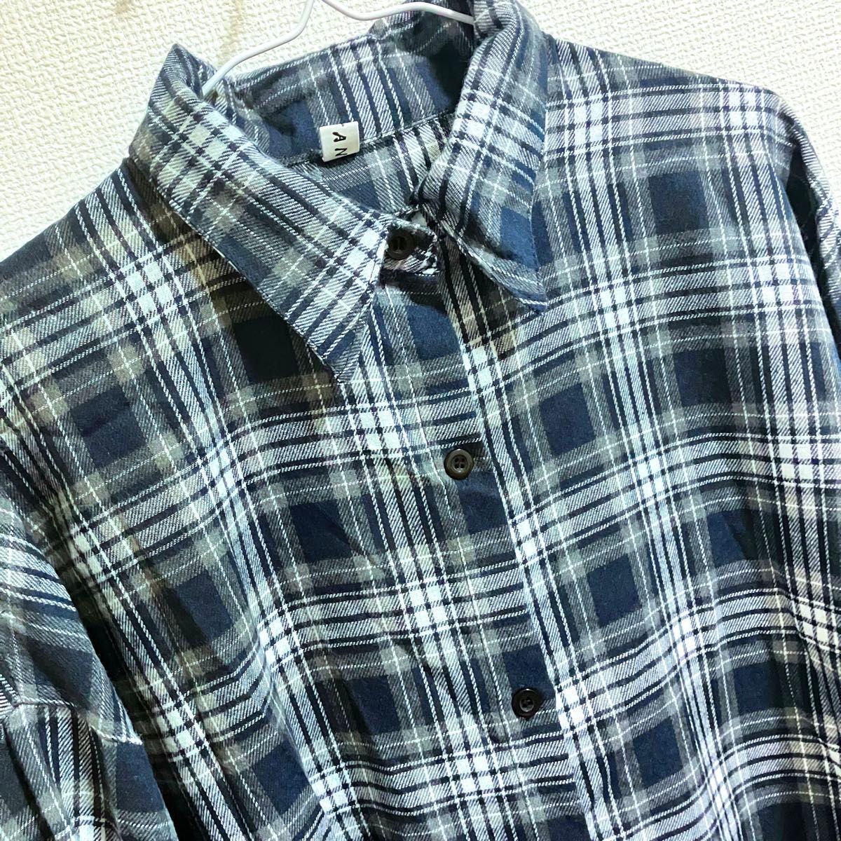 チェックシャツ フランネルシャツ ネイビー フリーサイズ 長袖 羽織り オーバーサイズ ゆったり 体型カバー 秋冬 トレンド 韓国_画像4