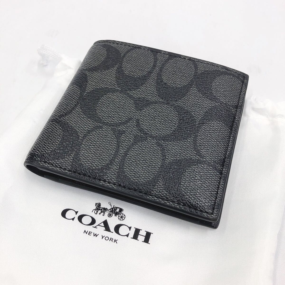★4-1022 極美品 COACH コーチ シグネチャー 二つ折り財布 F75006 グレー ブラック ウォレット 横10.5cm 縦9.5cm マチ2.5cmの画像1