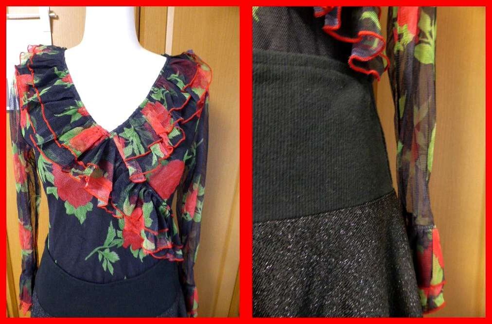 送料無料★社交ダンス【上下セット】M　赤黒花柄レオタードトップス/Designer`s Label　ブラックVカット美シルエットのスカート_画像4
