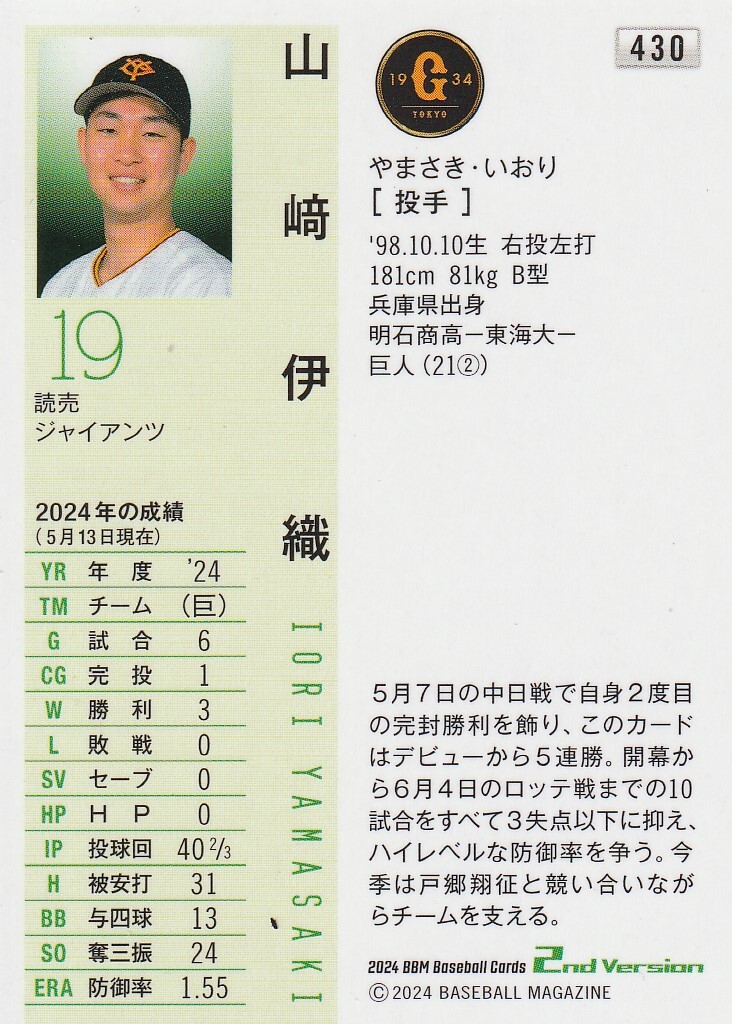 2024BBM　２NDバージョン　山﨑伊織　（巨人）　スーパーウルトラシークレットカード　激レア_画像2