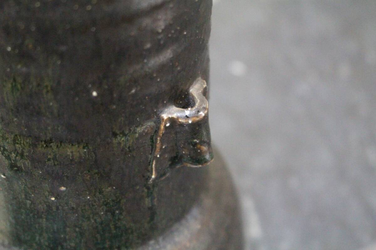 69希少レア当時物◆蔵出し◆未使用◆瀬戸/背戸 窯◆加藤 釥◆蒼釉 華入/花瓶/花器◆略歴/ウコン布/共箱 付◆サイズ約 直径12×高さ21㎝骨董_画像8