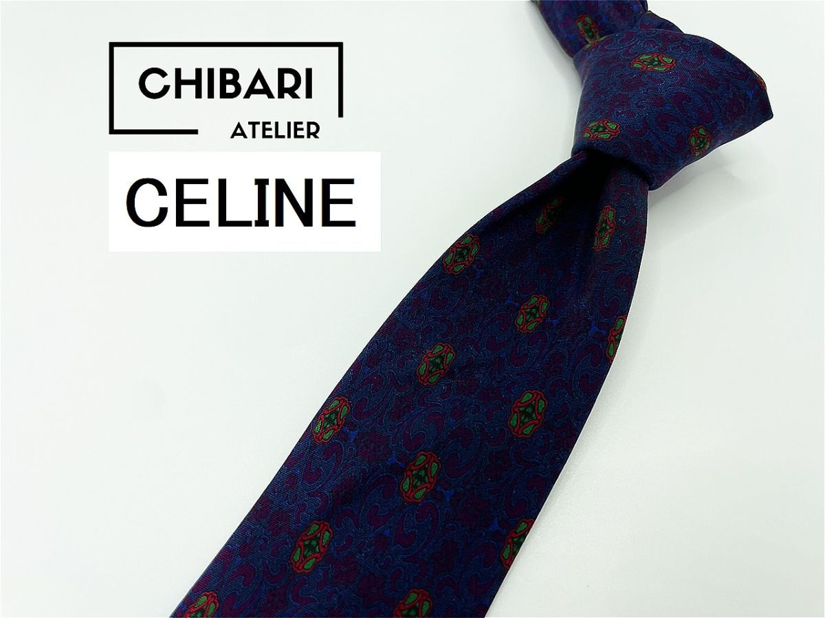 【美品】CELINE セリーヌ ロゴ&ドット柄 ネクタイ 3本以上 送料無料 メンズ ネイビー 0902196_画像1