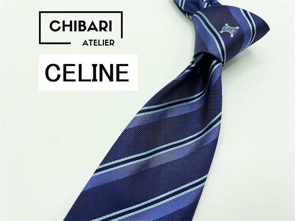 【新古品】CELINE セリーヌ ロゴ&レジメンタル柄 ネクタイ 3本以上 送料無料 メンズ ネイビー 光沢 0904238_画像1