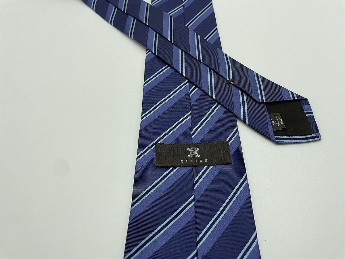 【新古品】CELINE セリーヌ ロゴ&レジメンタル柄 ネクタイ 3本以上 送料無料 メンズ ネイビー 光沢 0904238_画像2