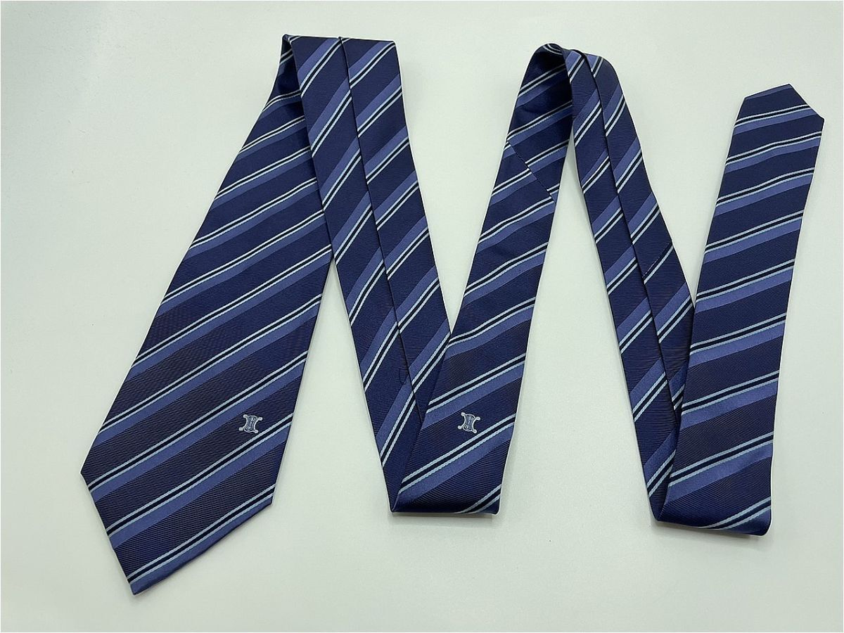 【新古品】CELINE セリーヌ ロゴ&レジメンタル柄 ネクタイ 3本以上 送料無料 メンズ ネイビー 光沢 0904238_画像3