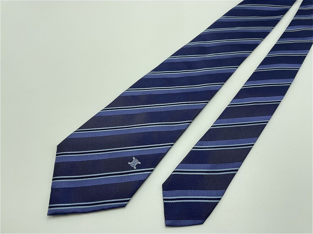 【新古品】CELINE セリーヌ ロゴ&レジメンタル柄 ネクタイ 3本以上 送料無料 メンズ ネイビー 光沢 0904238_画像4