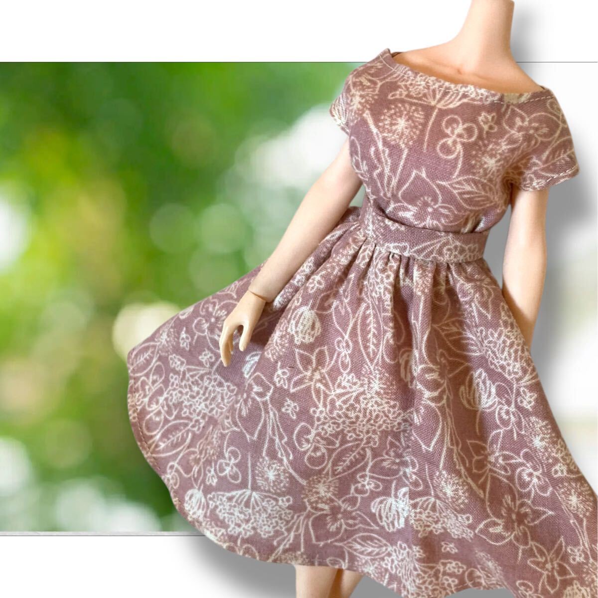 1/6ドール服 S42 灰ピンクボタニカル柄ブラウス&スカート お嬢様ワンピース風セットアップ TBLeagueファイセン @no470doll_画像2