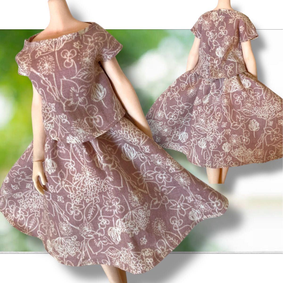 1/6ドール服 S42 灰ピンクボタニカル柄ブラウス&スカート お嬢様ワンピース風セットアップ TBLeagueファイセン @no470doll_画像3