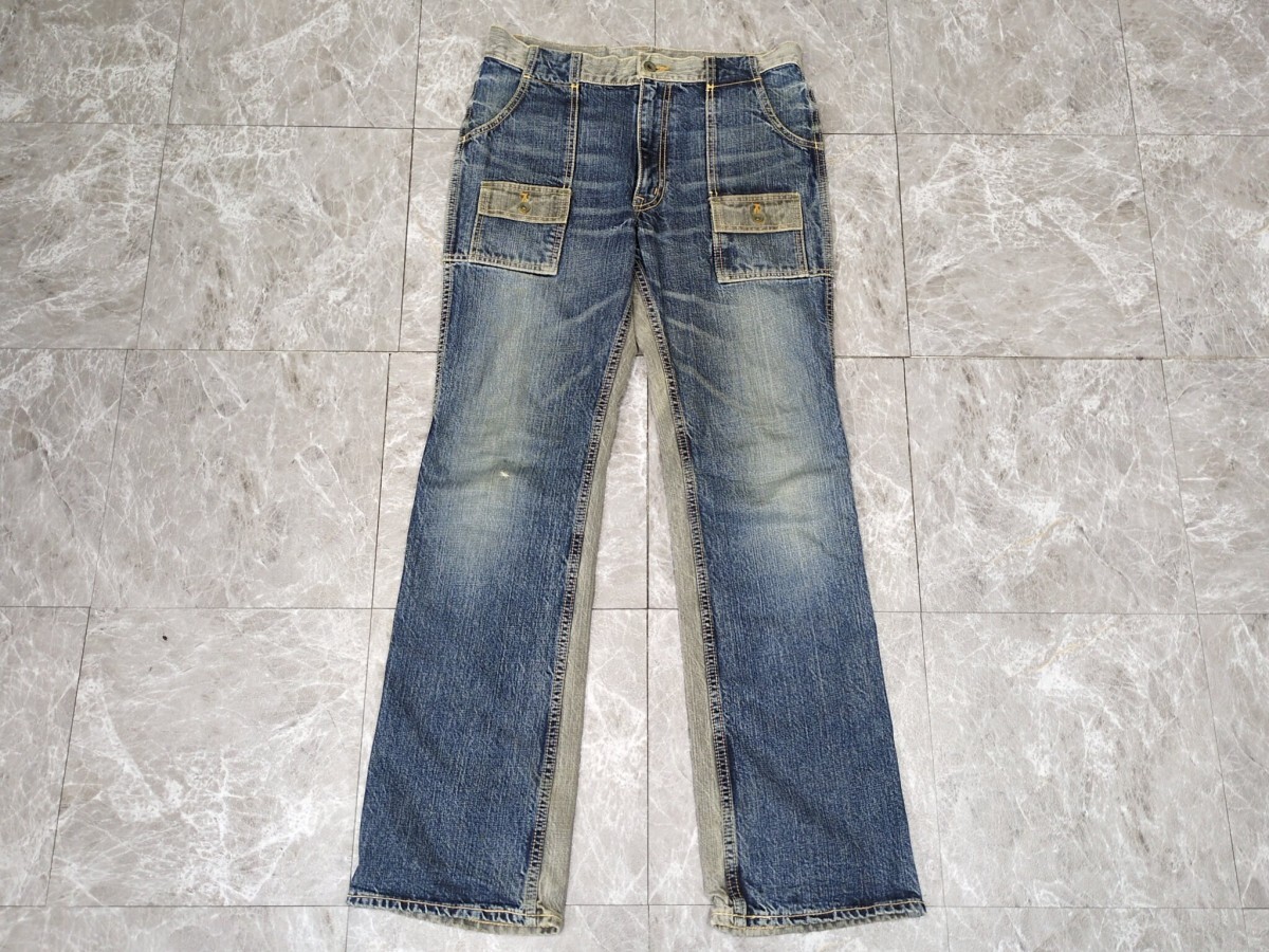 11. 90s00s 日本製 HIGH-ROCK ツートンカラー ギミック ヴィンテージ デニム ブッシュ シューカット フレア パンツ インディゴグレー301_画像1