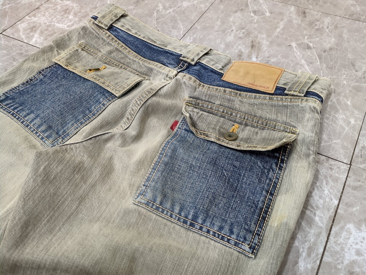 11. 90s00s 日本製 HIGH-ROCK ツートンカラー ギミック ヴィンテージ デニム ブッシュ シューカット フレア パンツ インディゴグレー301_画像9
