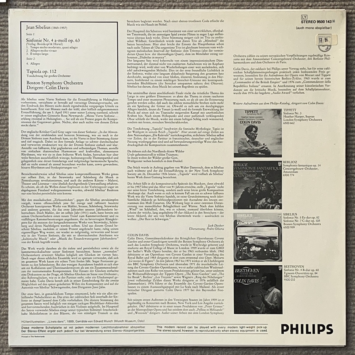 超音波洗浄済 蘭Philips Orig. コリン・デイヴィス DAVIS ボストン響 シベリウス SIBELIUS 交響曲 第4番 Symphony No.4 タピオラ Tapiola_画像2