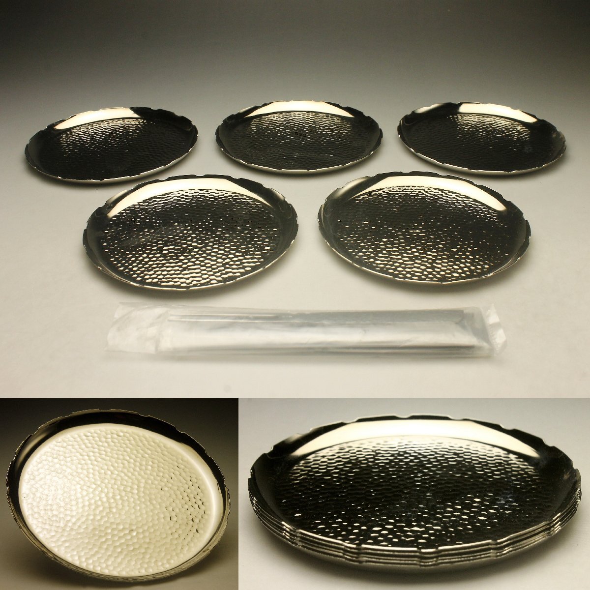 【余韻】 茶道具 銀メッキ 槌目 菓子皿 フォーク5本のセット シルバー★専用箱＜同梱可＞_画像1