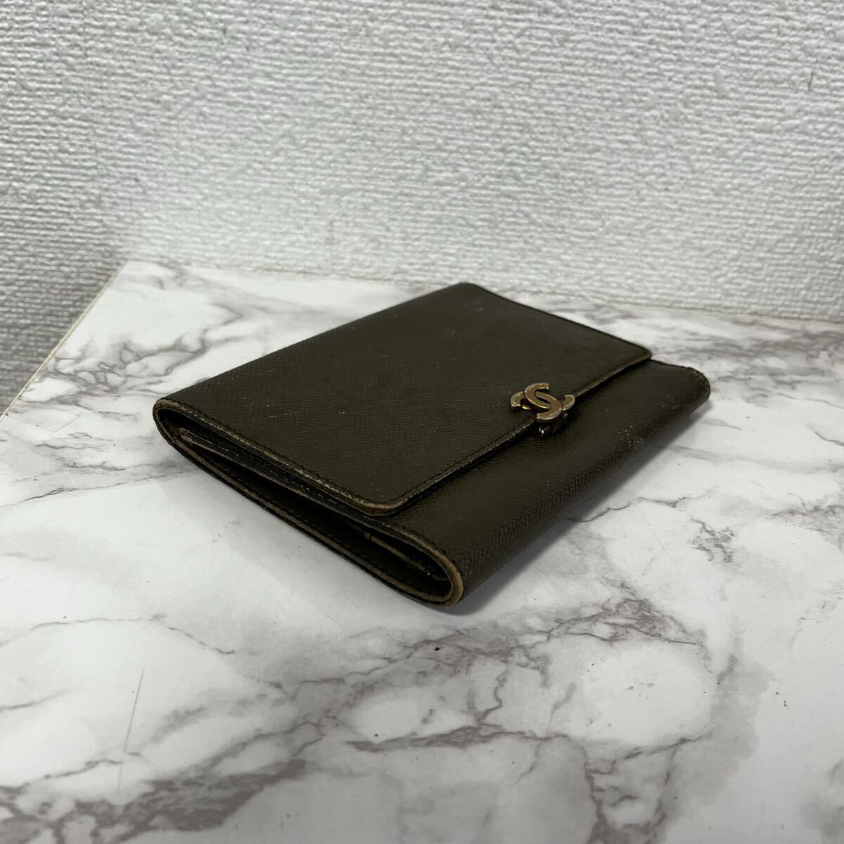 CHANEL シャネル レザー ココマーク 三つ折り財布 コンパクトウォレット ミニ財布 カーキ グリーン_画像6