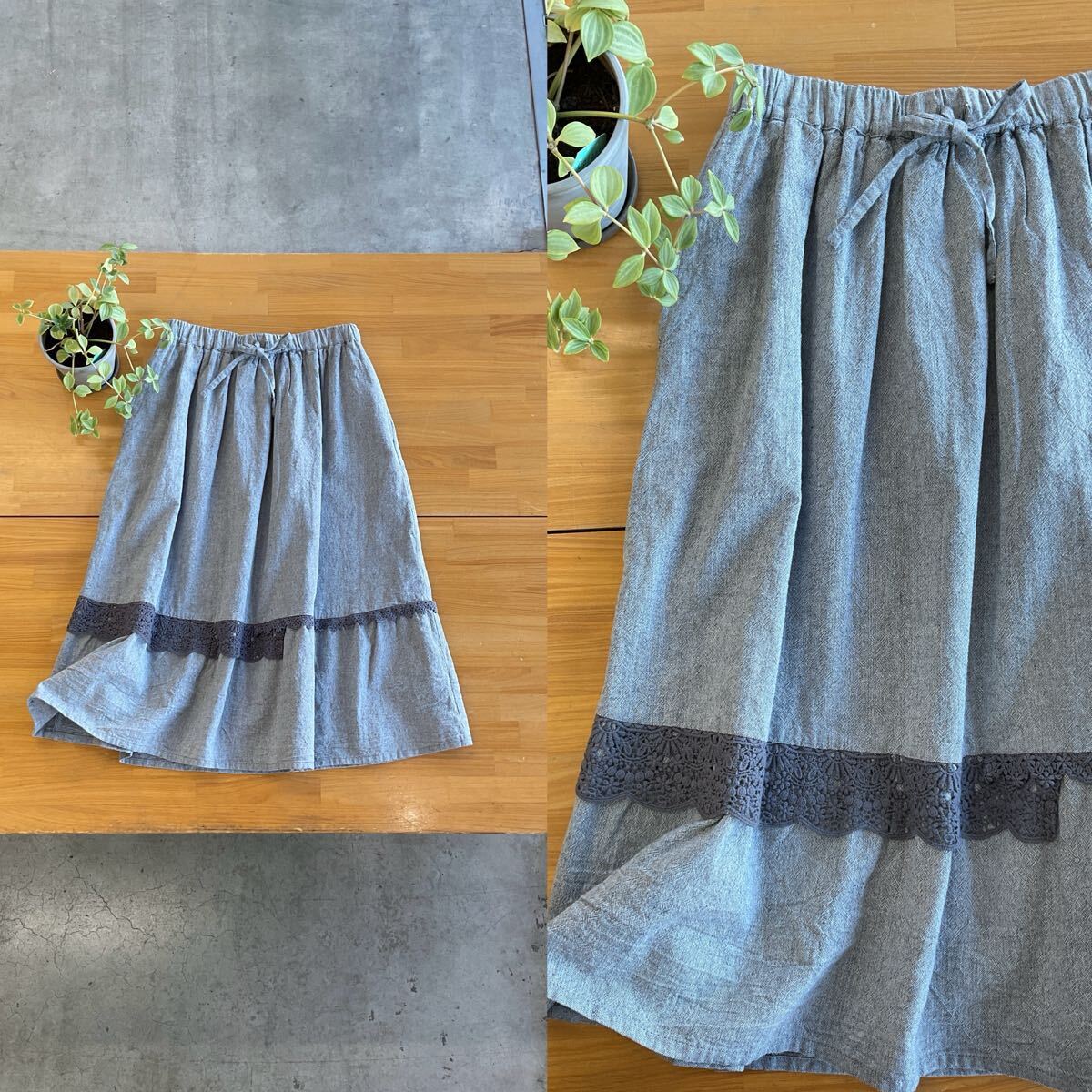 美品 Samansa Mos2 サマンサモスモス sm2 コットンリネンレーステープフレアスカート ギャザーロングボトムス グレー灰色系 フリーサイズｅ_画像1