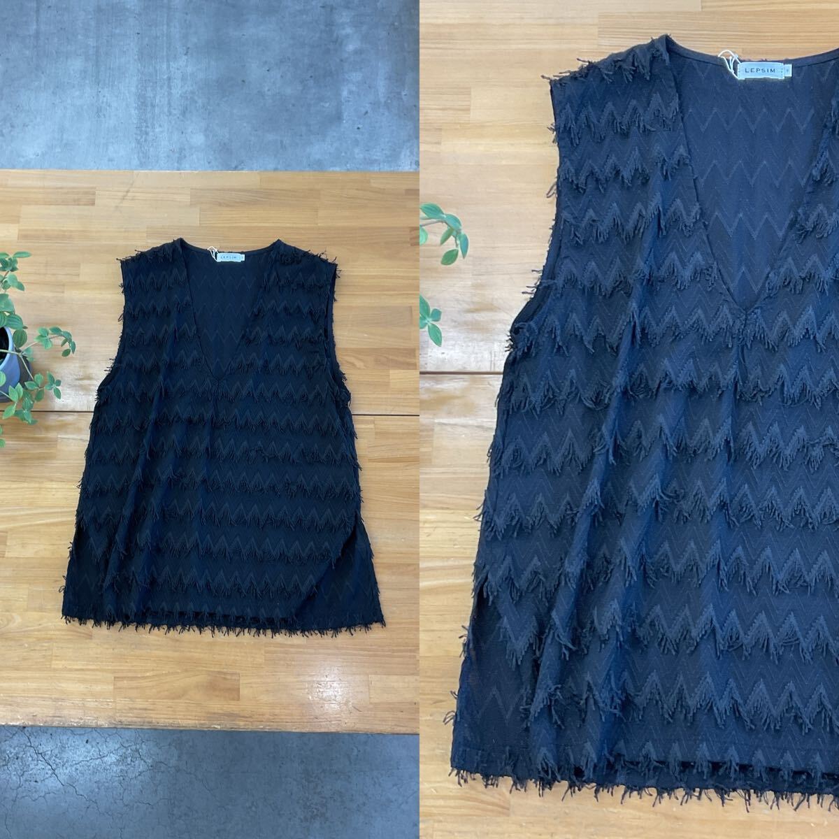 美品 LEPSIM レプシィム フリンジVネックベストトップス ジグザグ柄サイドスリットノースリーブジレ 重ね着 ブラック黒色系 フリー q_画像1