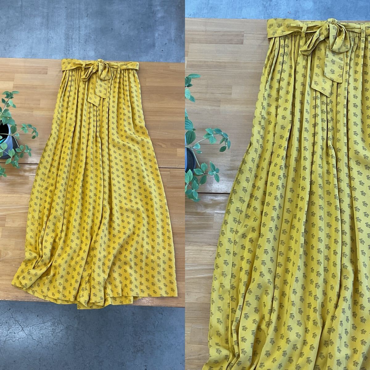 美品 niko and ... ニコアンド andover fabrics USA ファブリックフレアボトムス リボンベルト総柄とろみパンツ イエロー黄色系 M ③ q_画像1