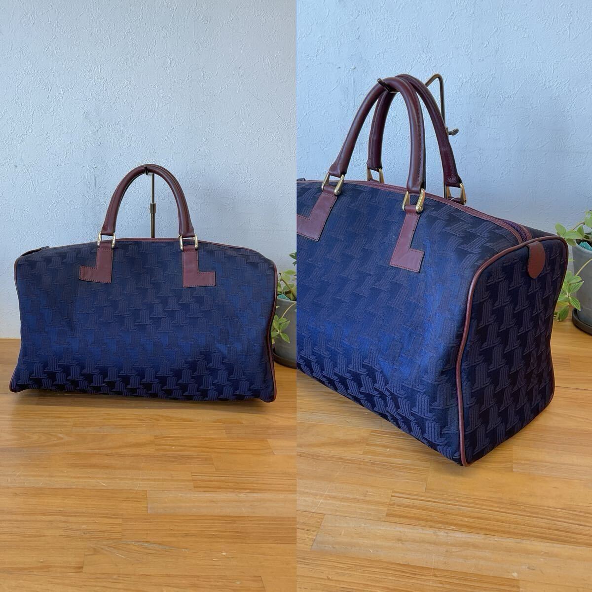  прекрасный товар LANVIN Lanvin Vintage Logo грамм средний Boston задний внутри сторона застежка-молния карман есть сумка кожа руль рука . портфель Brown темно-синий цвет серия h