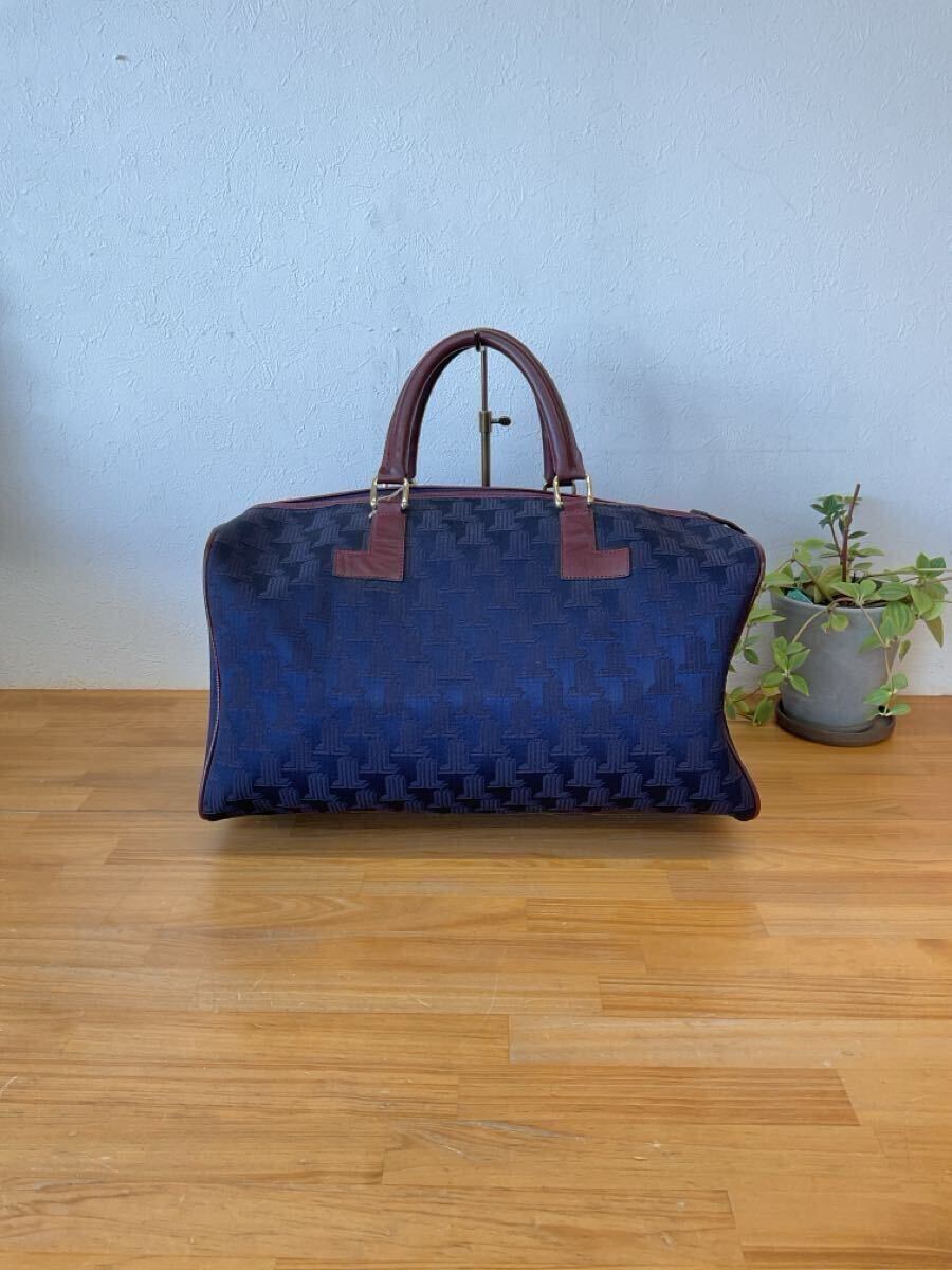  прекрасный товар LANVIN Lanvin Vintage Logo грамм средний Boston задний внутри сторона застежка-молния карман есть сумка кожа руль рука . портфель Brown темно-синий цвет серия h