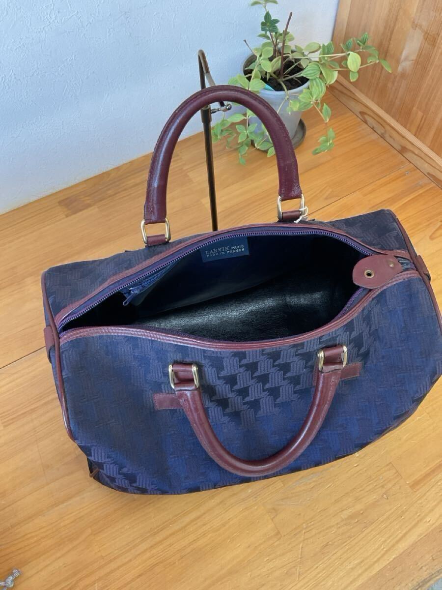  прекрасный товар LANVIN Lanvin Vintage Logo грамм средний Boston задний внутри сторона застежка-молния карман есть сумка кожа руль рука . портфель Brown темно-синий цвет серия h