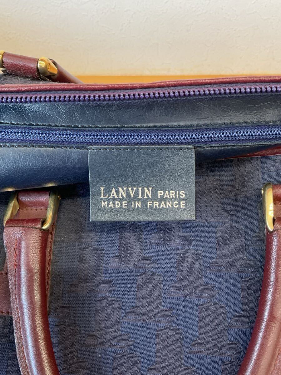  прекрасный товар LANVIN Lanvin Vintage Logo грамм средний Boston задний внутри сторона застежка-молния карман есть сумка кожа руль рука . портфель Brown темно-синий цвет серия h