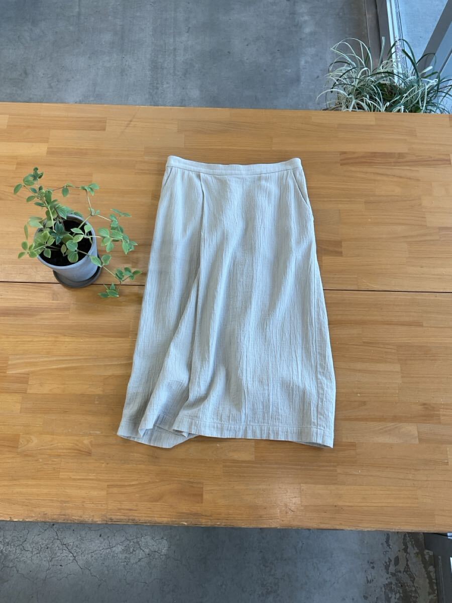  美品 evam eva エヴァムエヴァ リネン素材ラップ調ボタンスカート 綿麻ブレンド巻きスカート風タック入りフレアボトムス ベージュ色系 q_画像2