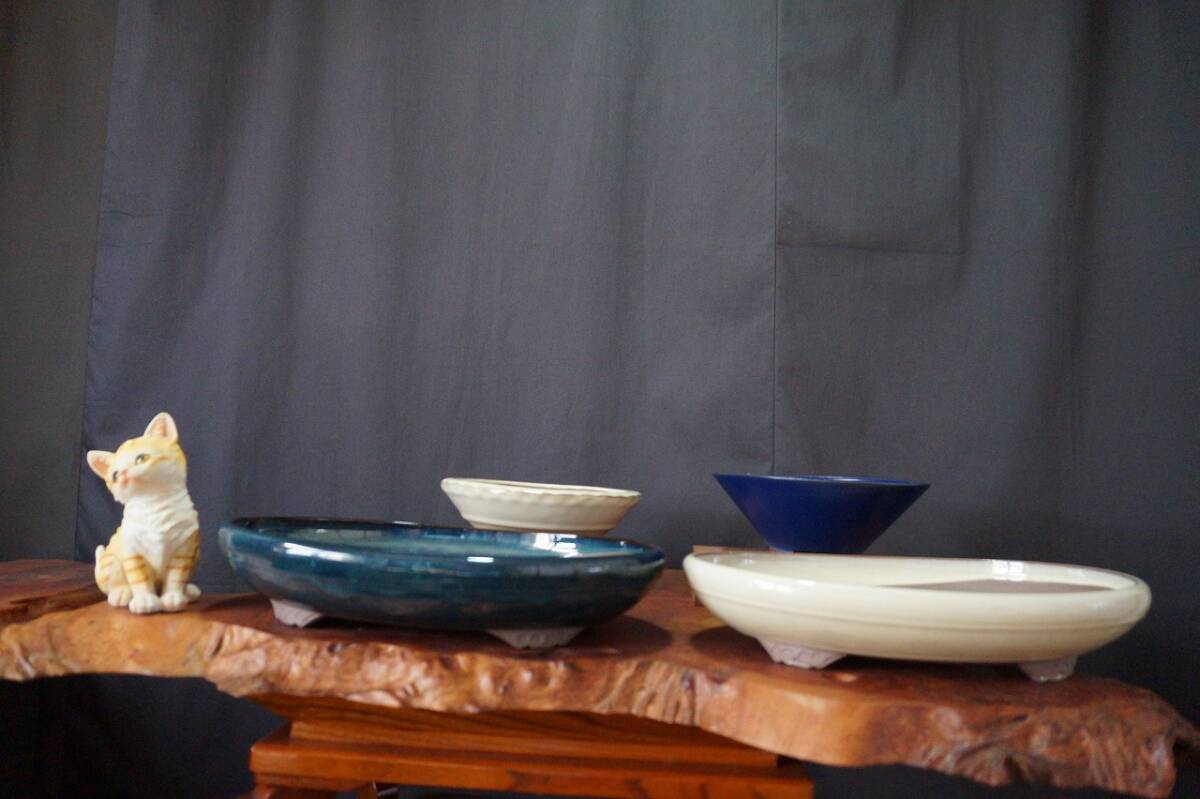 　緑釉楕円鉢　他3点　合計　4点セット　　　　　　　　　　(071005)_画像1