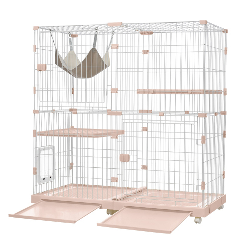 猫 ケージ キャットケージ 2段 幅広設計 自由組み合わせ トレー付き 猫ドア付き ハンモック付き 大型 猫ゲージ 脱走防止 多頭飼い KU858_画像1